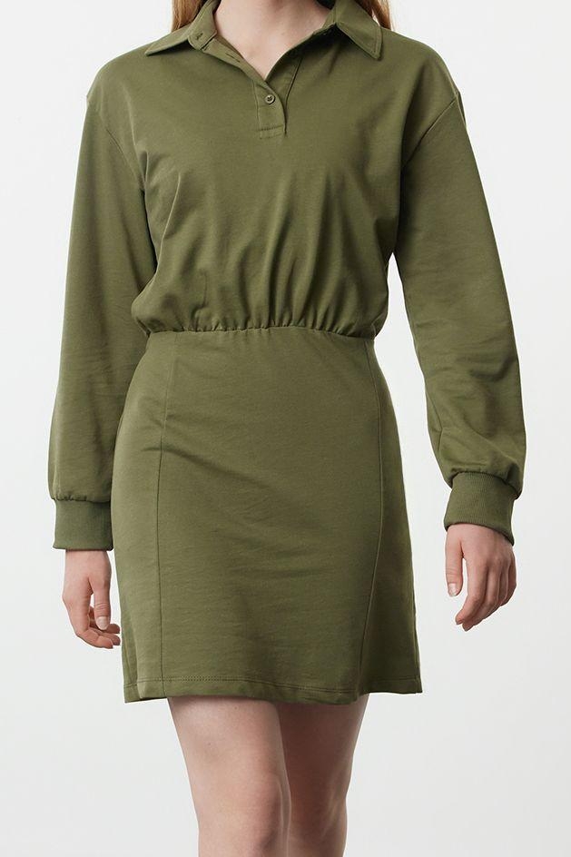 Moda Stil Regular Polo Yaka Mini Boy Düz Vücuda Oturan Örme Elbise