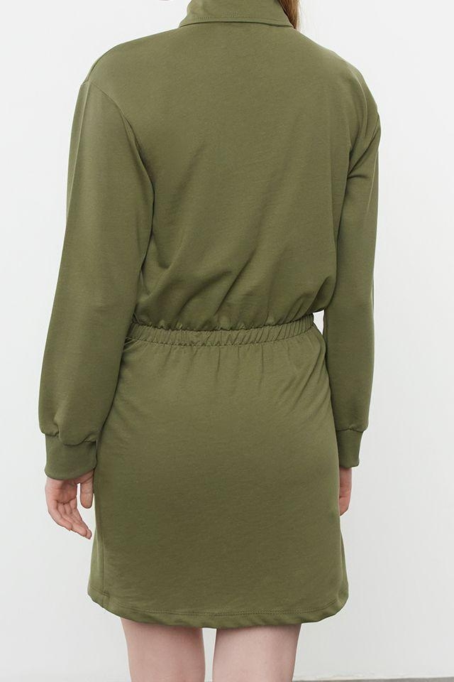 Moda Stil Regular Polo Yaka Mini Boy Düz Vücuda Oturan Örme Elbise