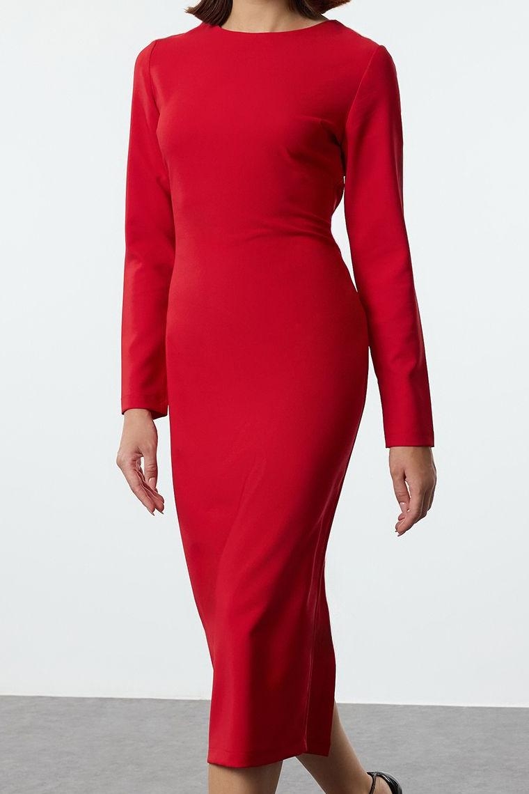Moda Stil Regular Bisiklet Yaka Midi Boy Vücudu Saran Dokuma Elbise