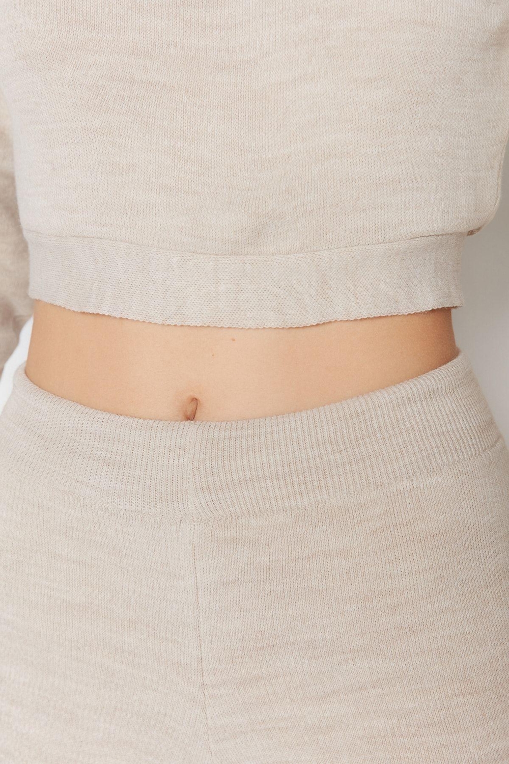 Tarz Kadın Modern Moda Normal Bel Geniş Paça Balıkçı Yaka Bağlama Detaylı Crop Triko Alt-Üst Takım