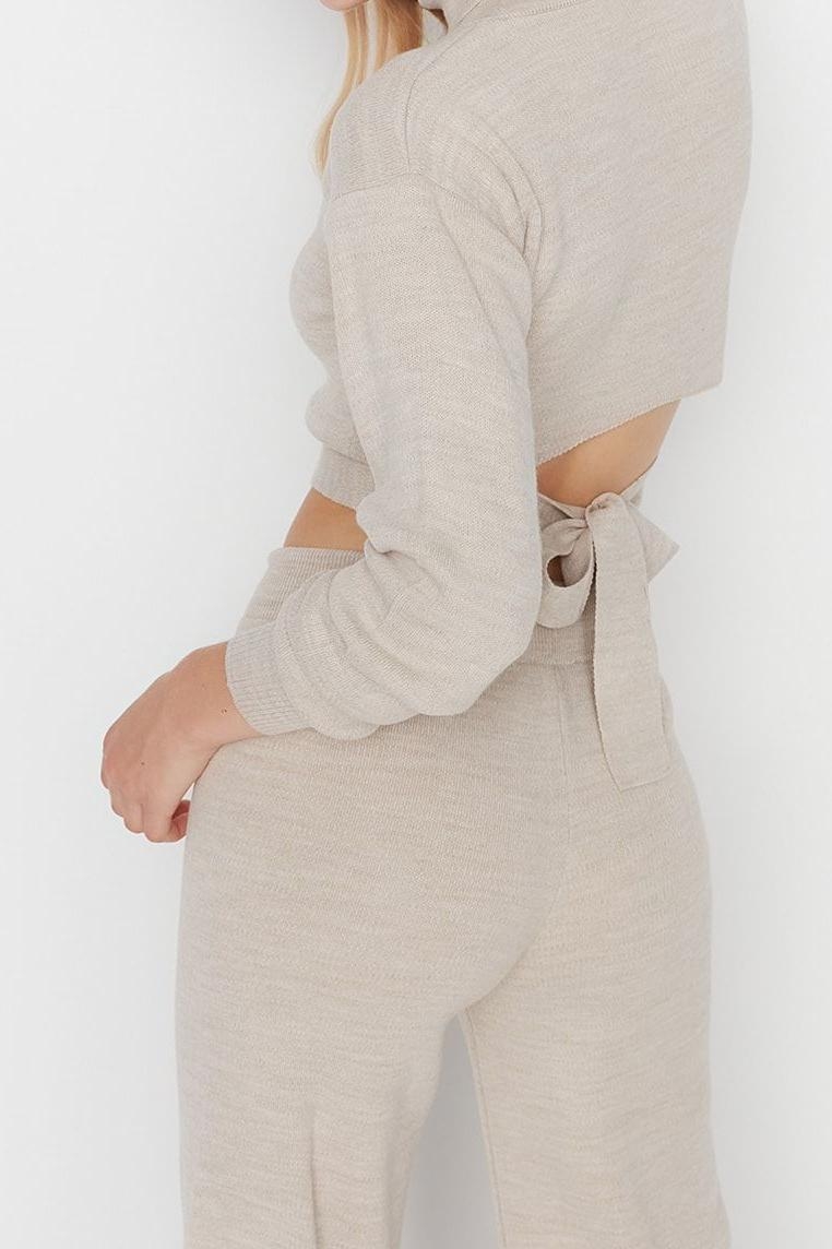 Tarz Kadın Modern Moda Normal Bel Geniş Paça Balıkçı Yaka Bağlama Detaylı Crop Triko Alt-Üst Takım