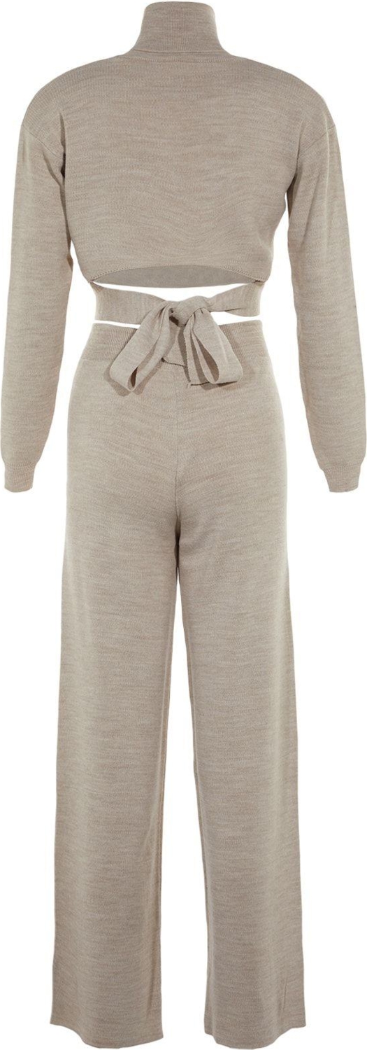 Tarz Kadın Modern Moda Normal Bel Geniş Paça Balıkçı Yaka Bağlama Detaylı Crop Triko Alt-Üst Takım