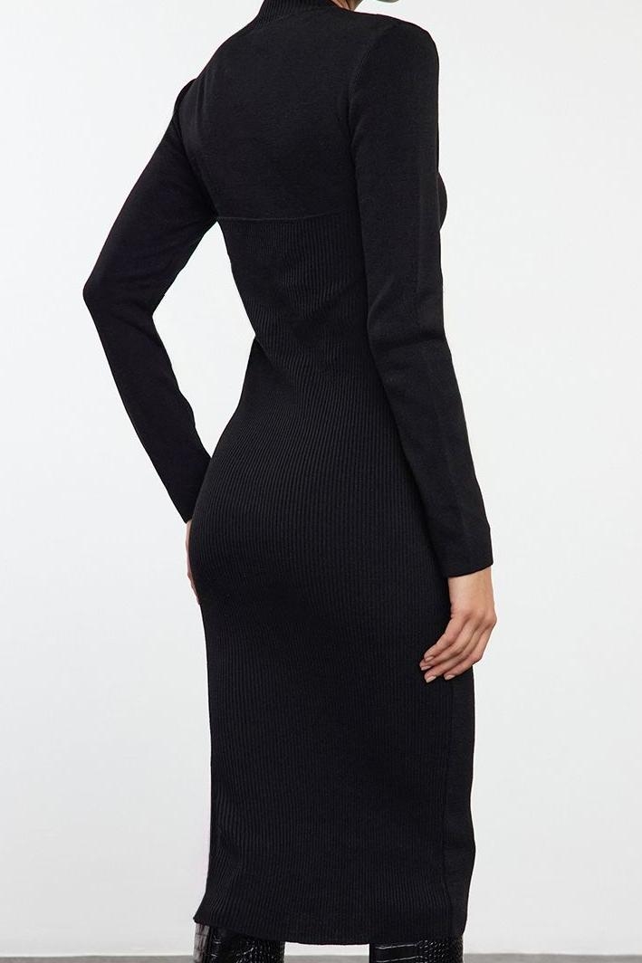 Moda Stil Slim Dik Yaka Midi Boy Triko Korse Detaylı Yumuşak Dokulu Elbise