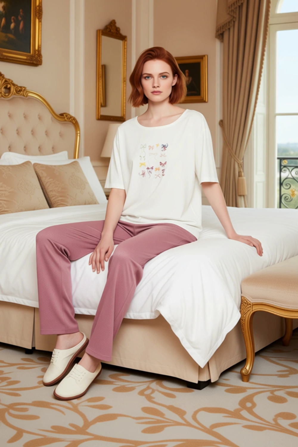 Kadın Baskılı Bisiklet Yaka Pijama Takımı Geniş Paça Fonksiyonel Dayanıklı Kaliteli Modern