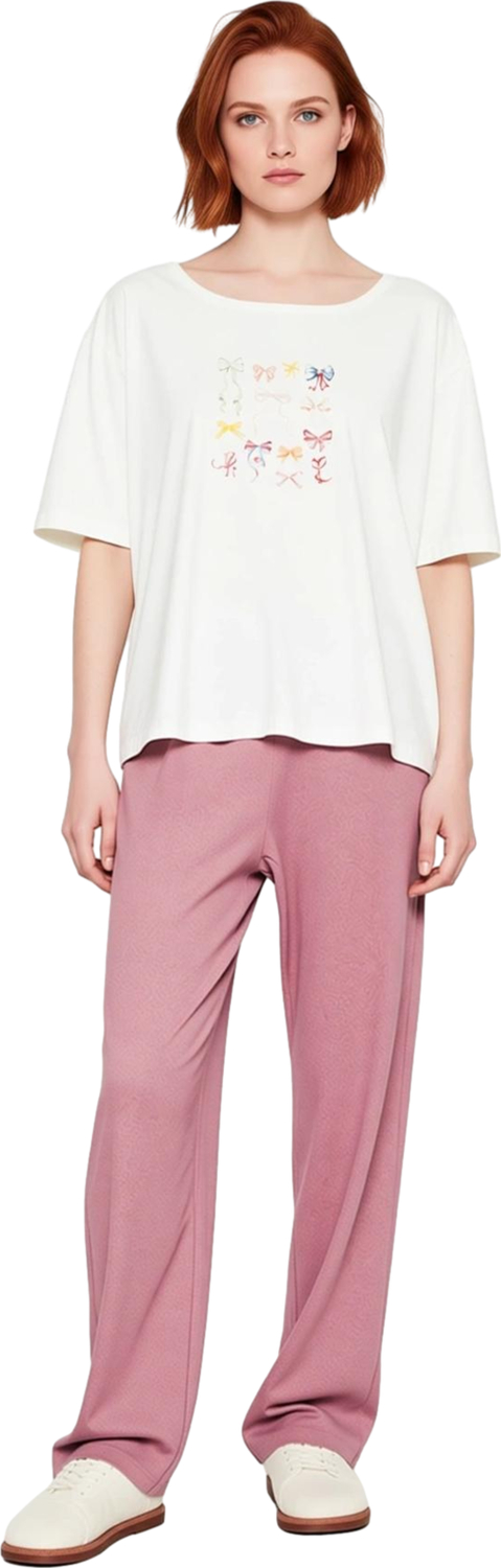 Kadın Baskılı Bisiklet Yaka Pijama Takımı Geniş Paça Fonksiyonel Dayanıklı Kaliteli Modern