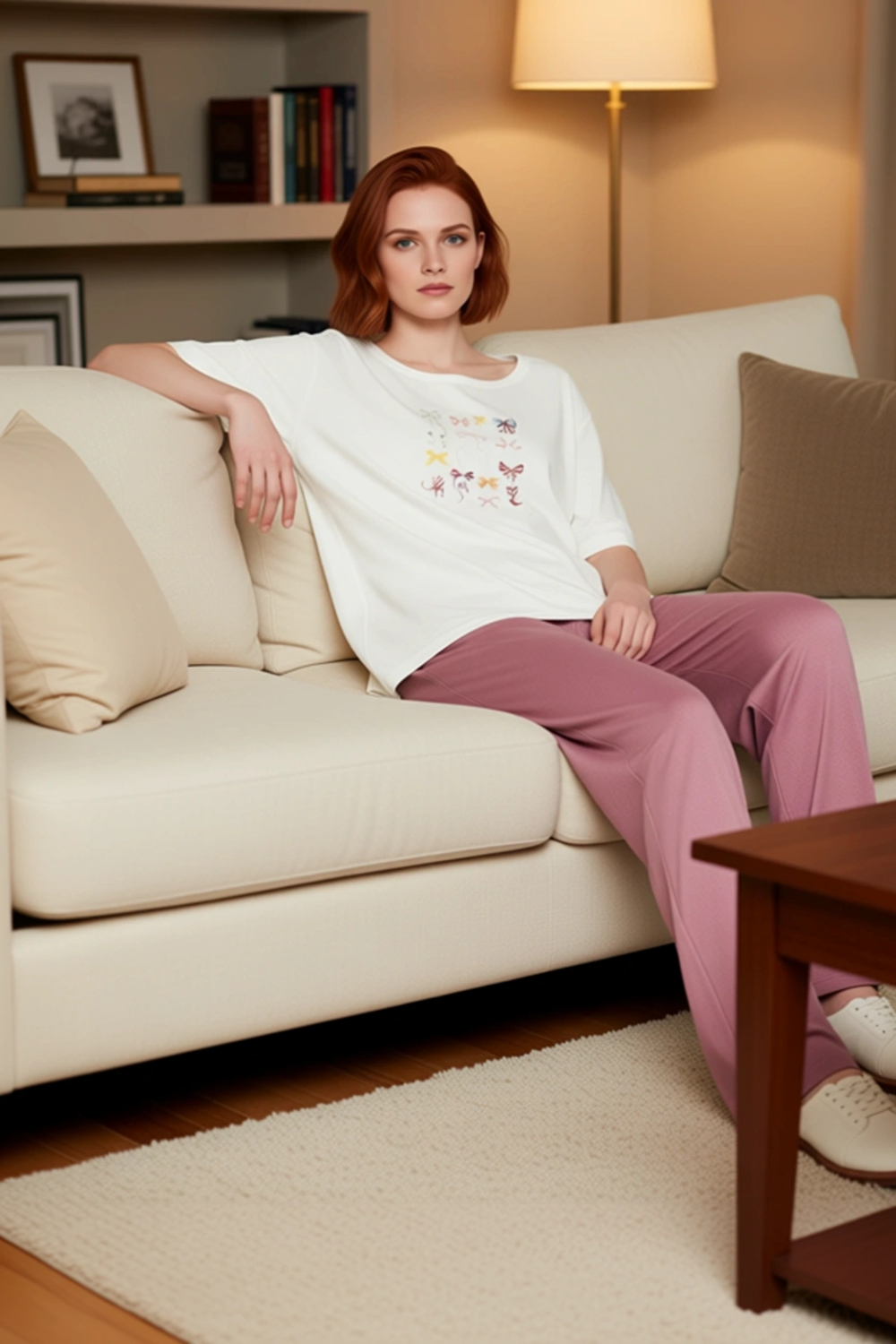 Kadın Baskılı Bisiklet Yaka Pijama Takımı Geniş Paça Fonksiyonel Dayanıklı Kaliteli Modern