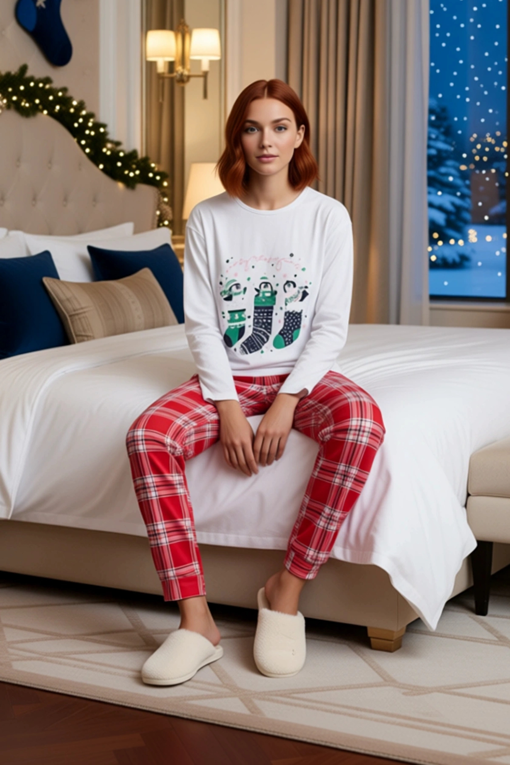 Kadın Kış Temalı Penguen Baskılı Pijama Takımı Fonksiyonel Dayanıklı Kaliteli Konforlu Şık