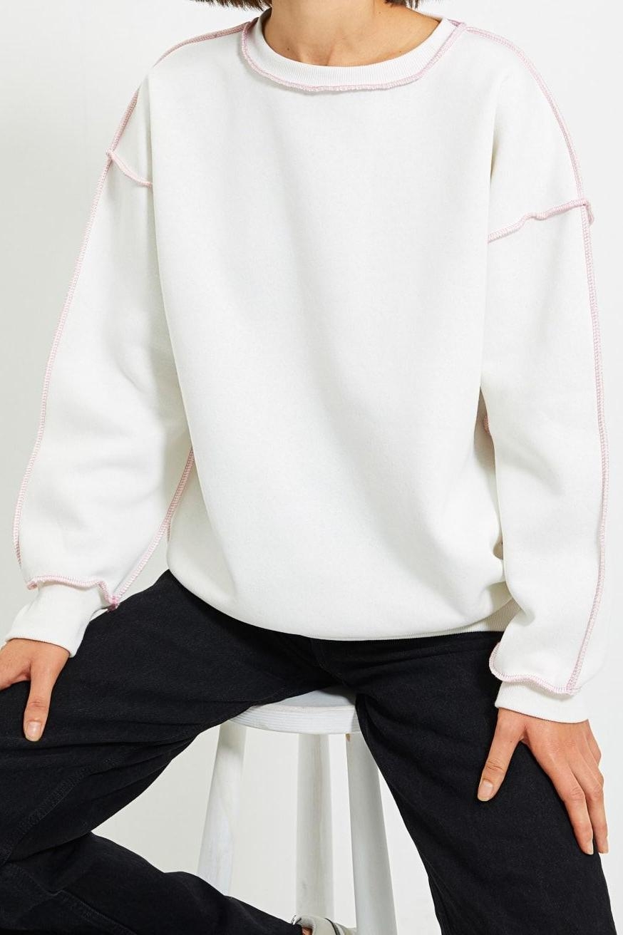 Bol Bisiklet Yaka Düşük Kol Uzun Normal Kalıp Karyoka Dikişli Kalın Polarlı Örme Sweatshirt