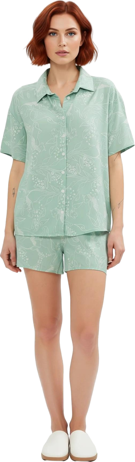 Kadın Mint Çiçek Desenli Viskon Gömlek Şort Pijama Takımı Fonksiyonel Dayanıklı Kaliteli Şık