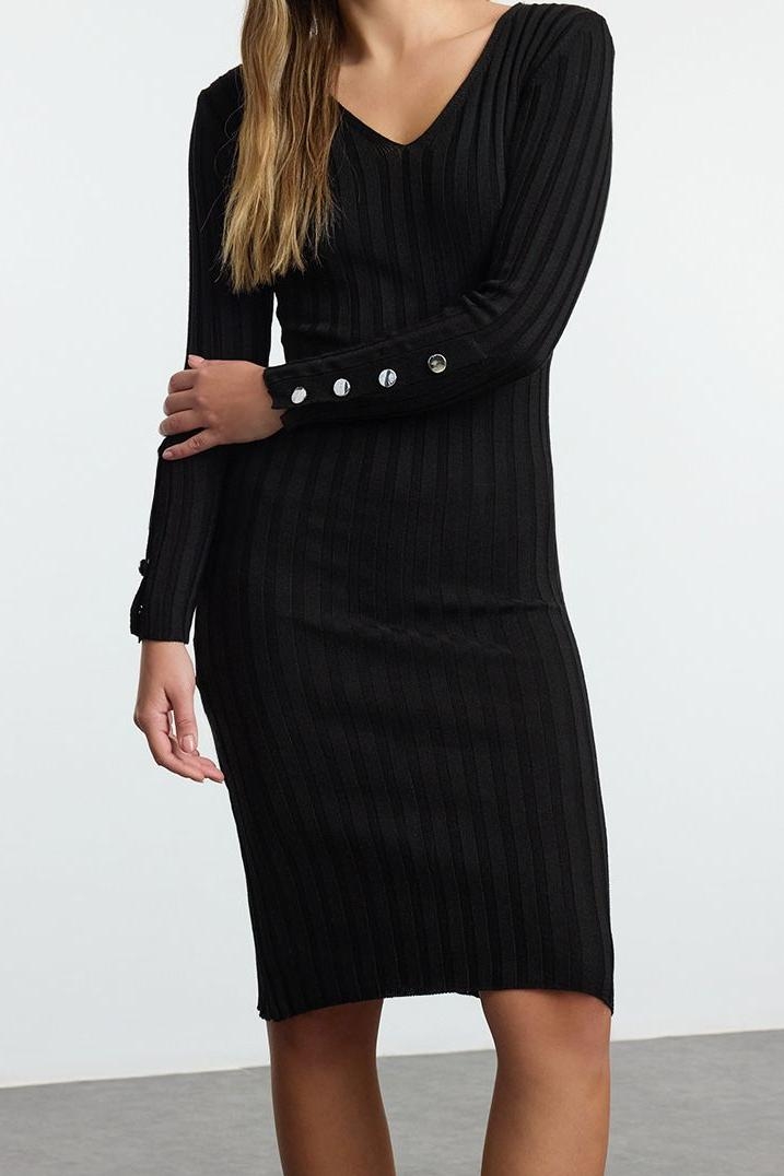Moda Stil Regular V Yaka Midi Boy Triko Basic Elbise