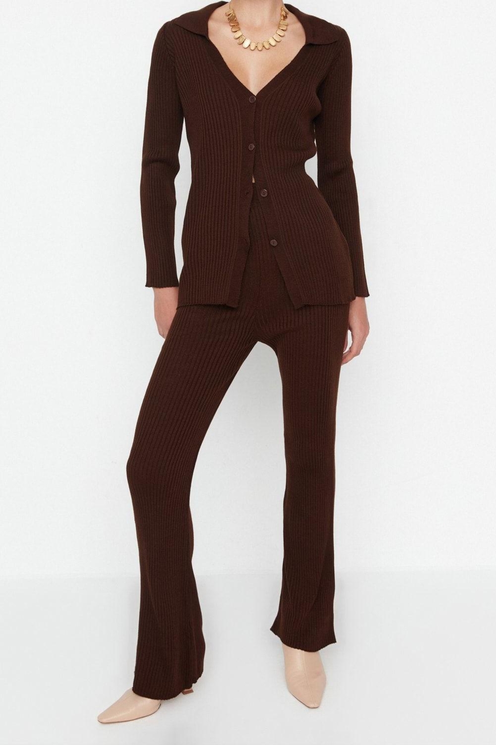 Tarz Kadın Modern Moda Normal Bel Geniş Paça Polo Yaka Basic Polo Yaka Triko Alt-Üst Takım