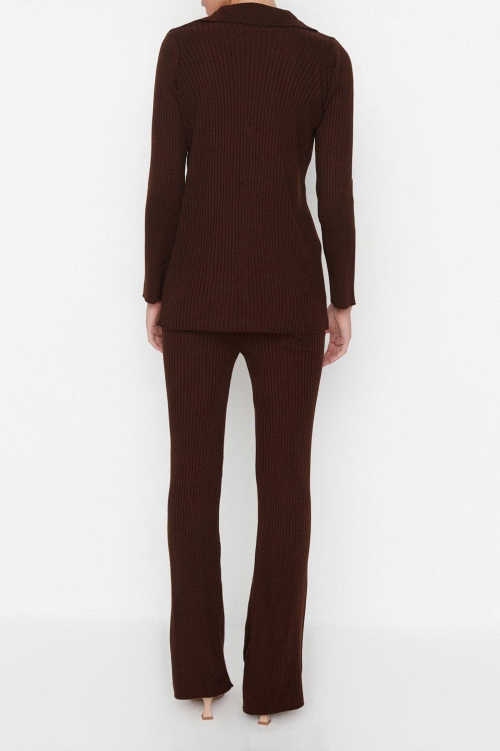 Tarz Kadın Modern Moda Normal Bel Geniş Paça Polo Yaka Basic Polo Yaka Triko Alt-Üst Takım