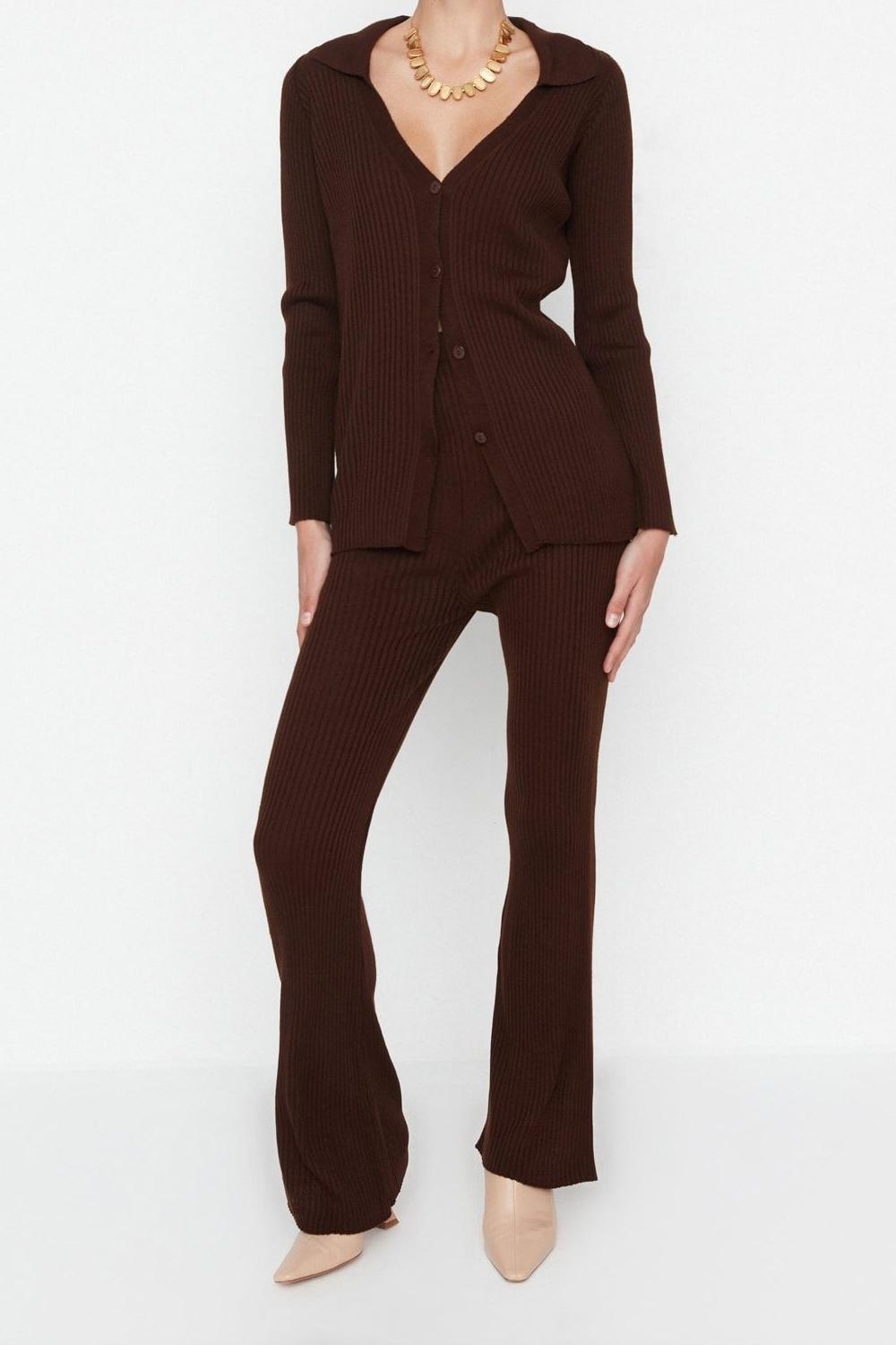 Tarz Kadın Modern Moda Normal Bel Geniş Paça Polo Yaka Basic Polo Yaka Triko Alt-Üst Takım