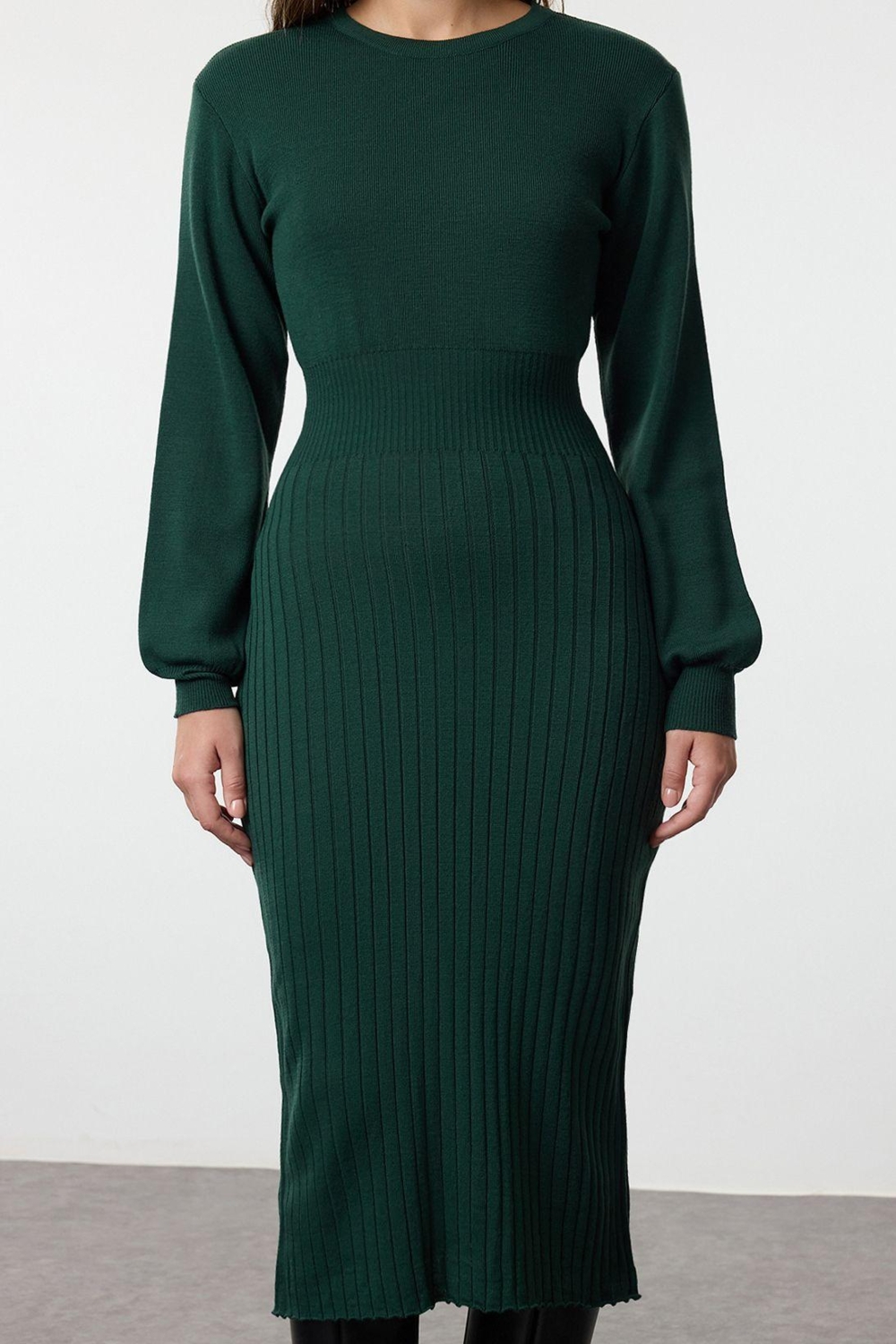 Moda Stil Regular Bisiklet Yaka Midi Boy Triko A-Line Formda Elbise