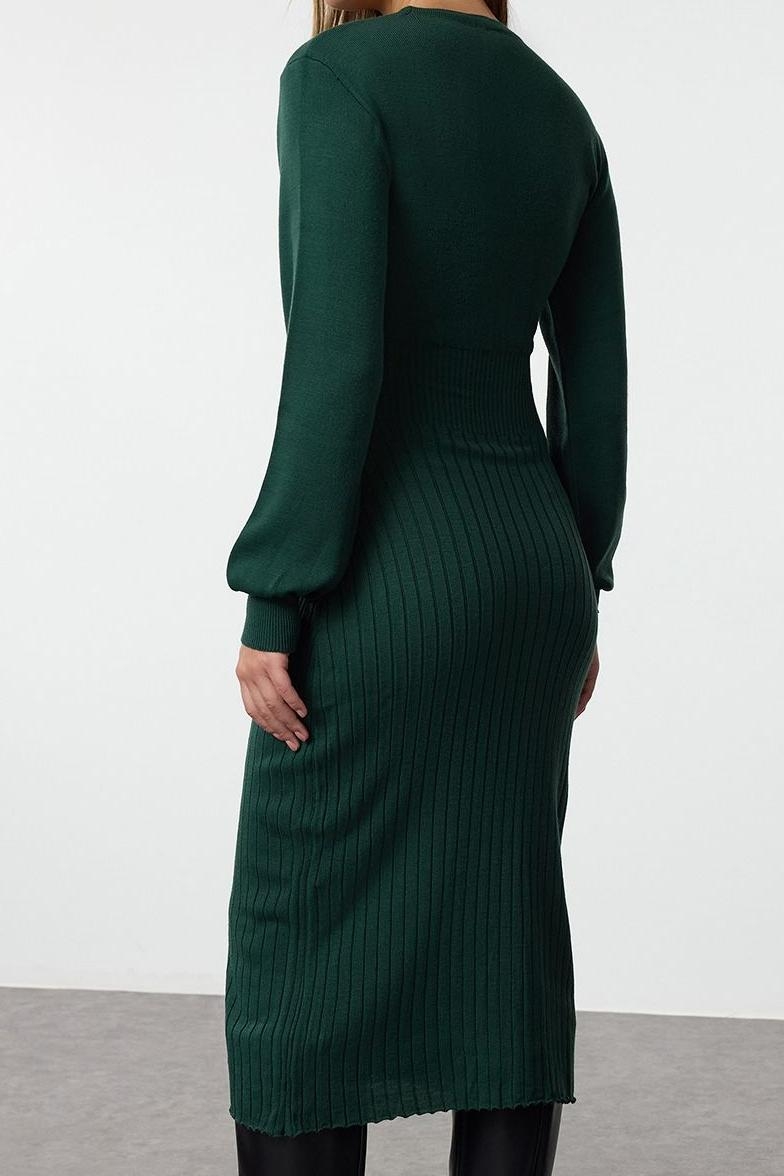 Moda Stil Regular Bisiklet Yaka Midi Boy Triko A-Line Formda Elbise