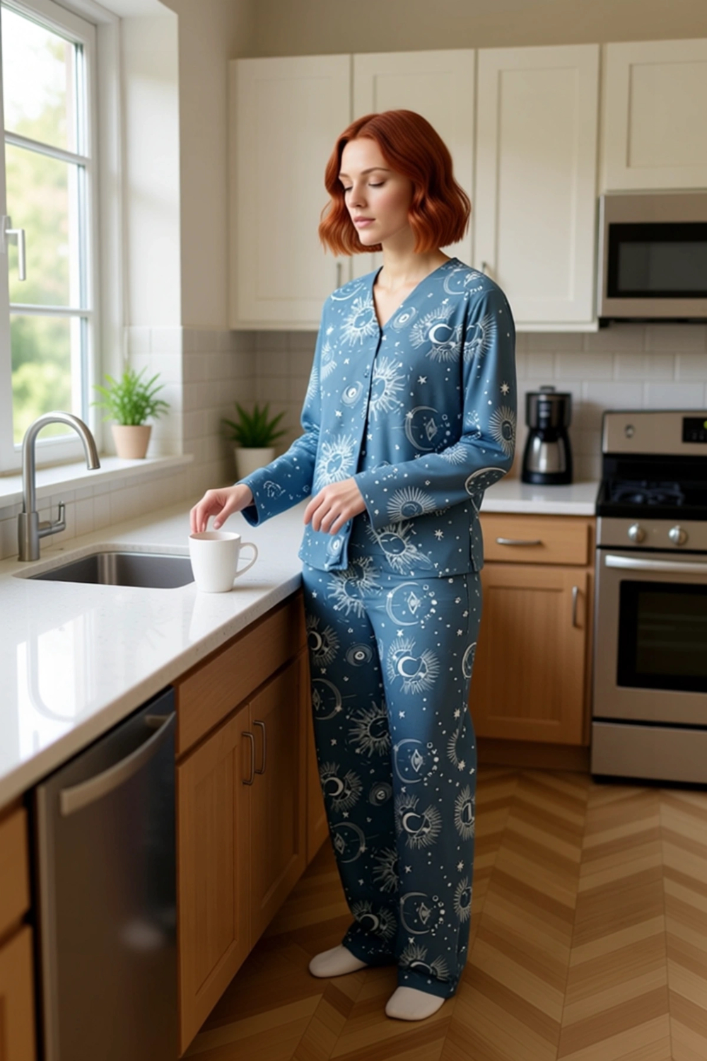 Kadın Uzun Kollu Galaksi Desenli Pijama Takımı Fonksiyonel Dayanıklı Kaliteli Konforlu Şık