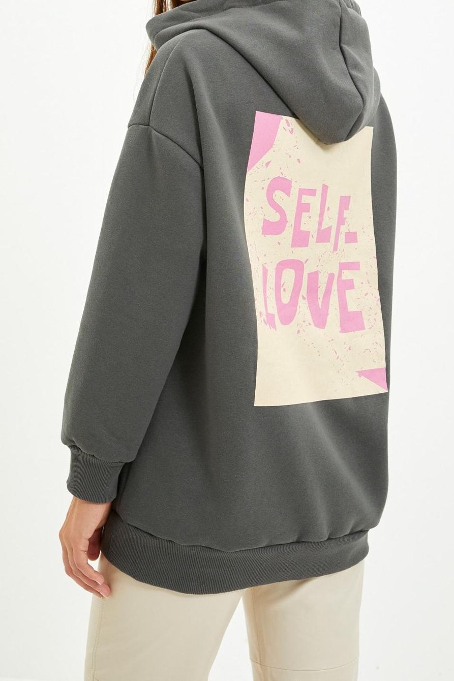 Oversize Kapüşonlu Düşük Kol Uzun Sırt Baskı Geniş Kalıp Kalın İçi Polarlı Örme Sweatshirt