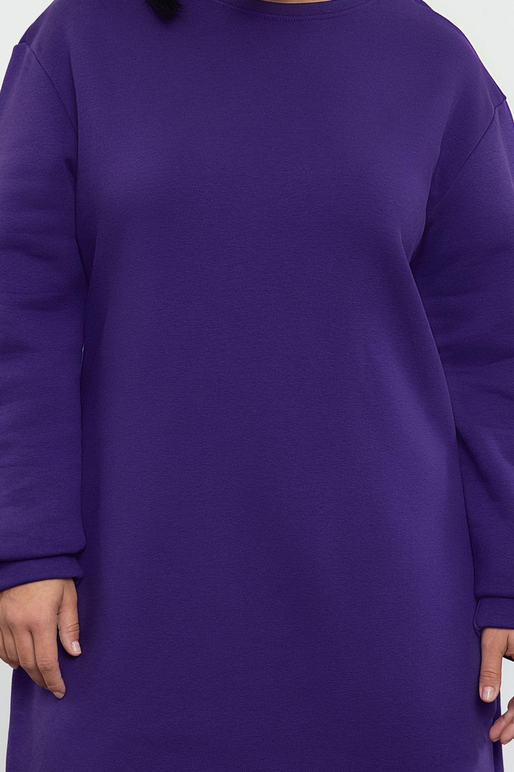 Moda Stil Relaxed Bisiklet Yaka Midi Boy Büyük Beden 2 İplik Şardonsuz Örme Büyük Beden Elbise