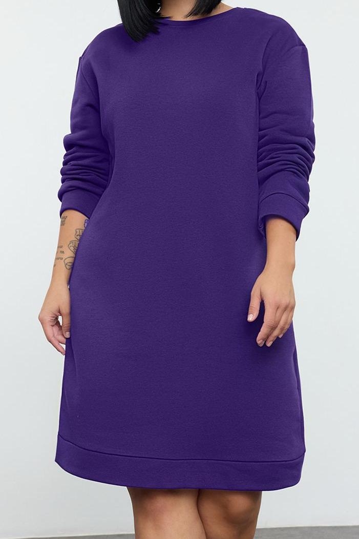 Moda Stil Relaxed Bisiklet Yaka Midi Boy Büyük Beden 2 İplik Şardonsuz Örme Büyük Beden Elbise