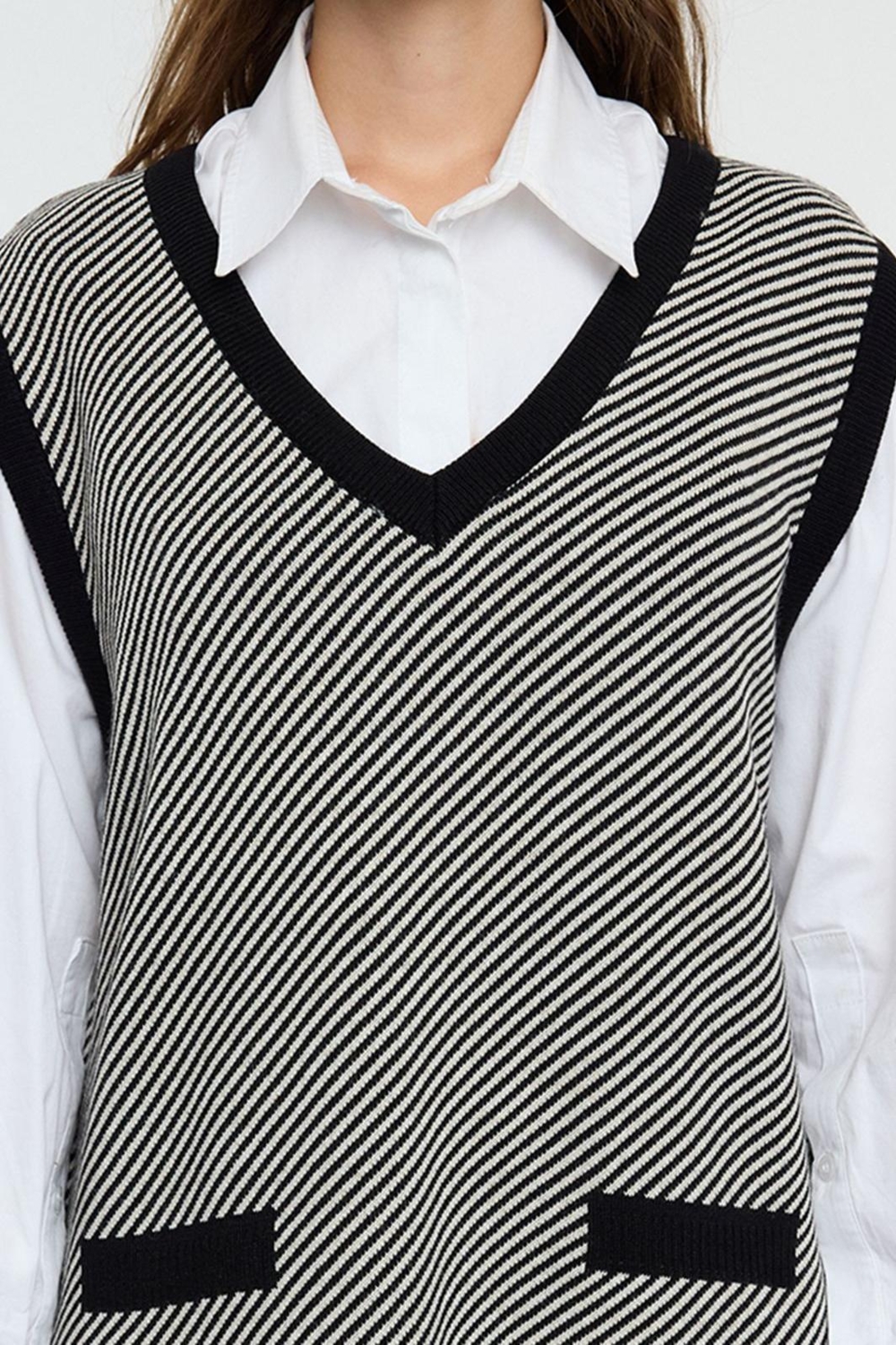 Moda Stil Regular V Yaka Mini Boy Triko Renk Bloklu Elbise