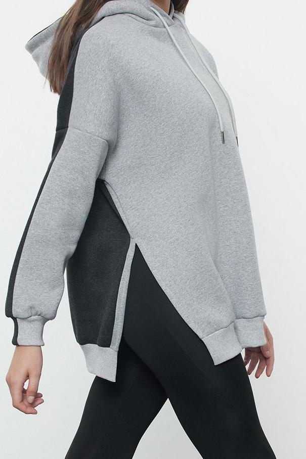 Tarz Oversize Kapüşonlu Düşük Kol Uzun Geniş Kalıp İçi Polarlı Örme Spor Sweatshirt