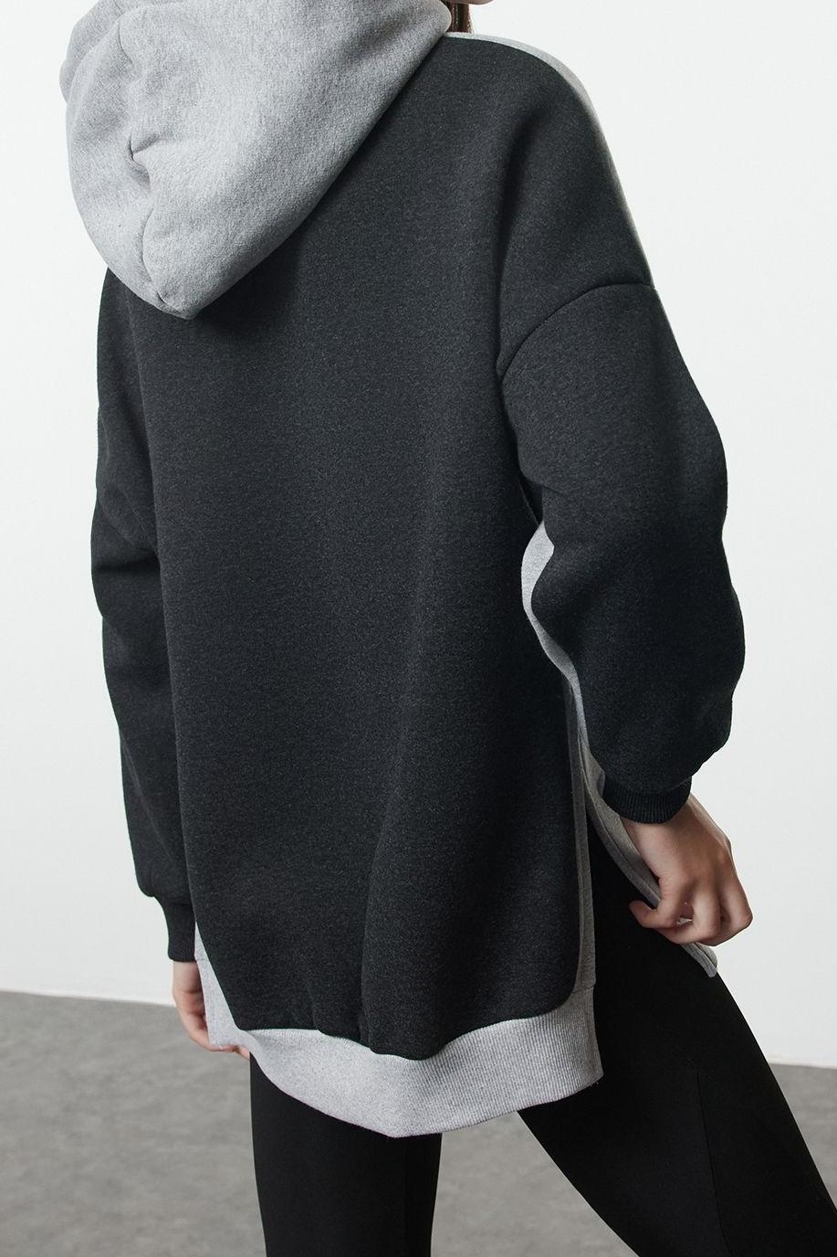 Tarz Oversize Kapüşonlu Düşük Kol Uzun Geniş Kalıp İçi Polarlı Örme Spor Sweatshirt
