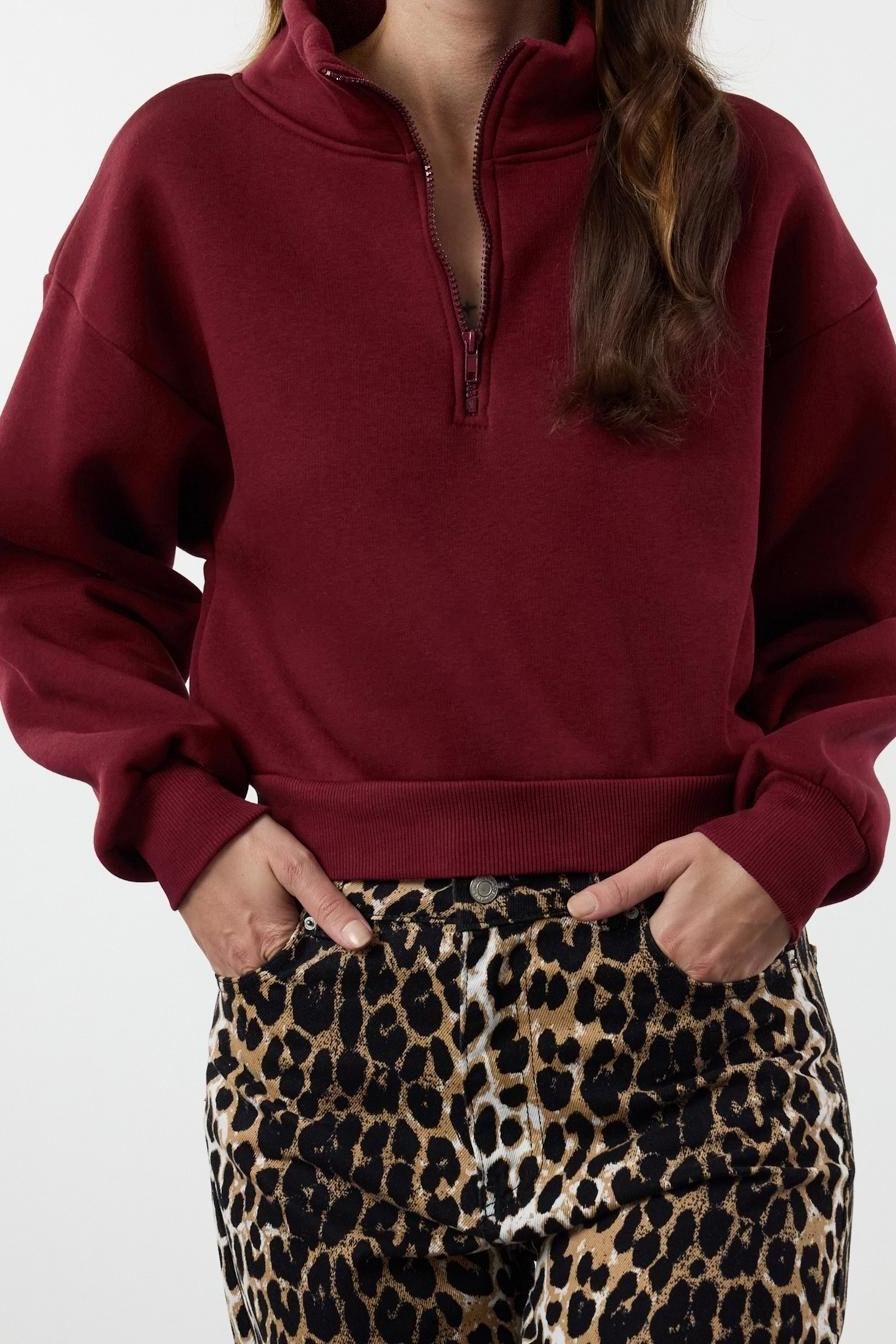 Fitted Fermuarlı Yaka Crop Rahat Kesim Crop Basic Fermuarlı Kalın Polarlı Örme Sweatshirt