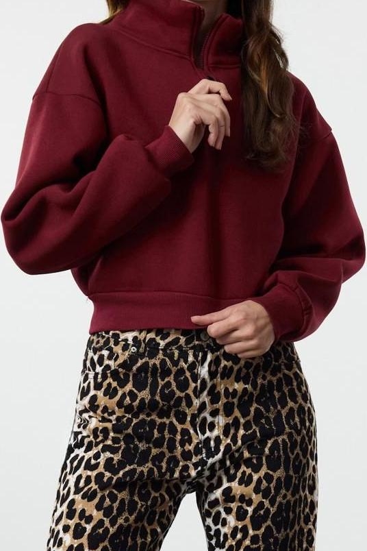 Fitted Fermuarlı Yaka Crop Rahat Kesim Crop Basic Fermuarlı Kalın Polarlı Örme Sweatshirt