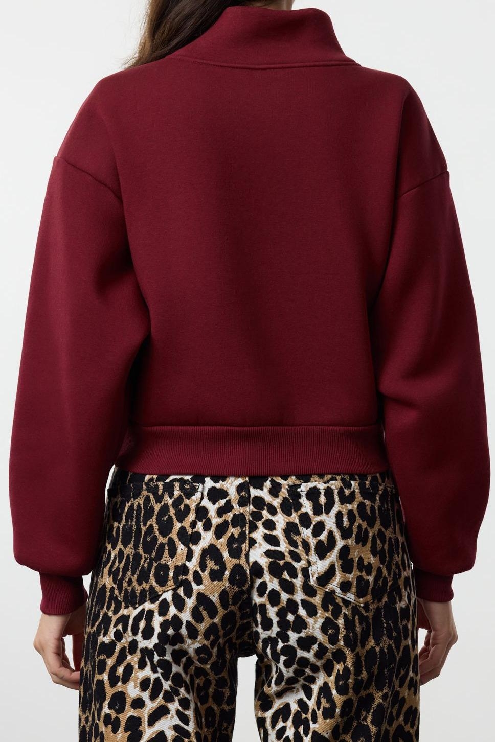 Fitted Fermuarlı Yaka Crop Rahat Kesim Crop Basic Fermuarlı Kalın Polarlı Örme Sweatshirt