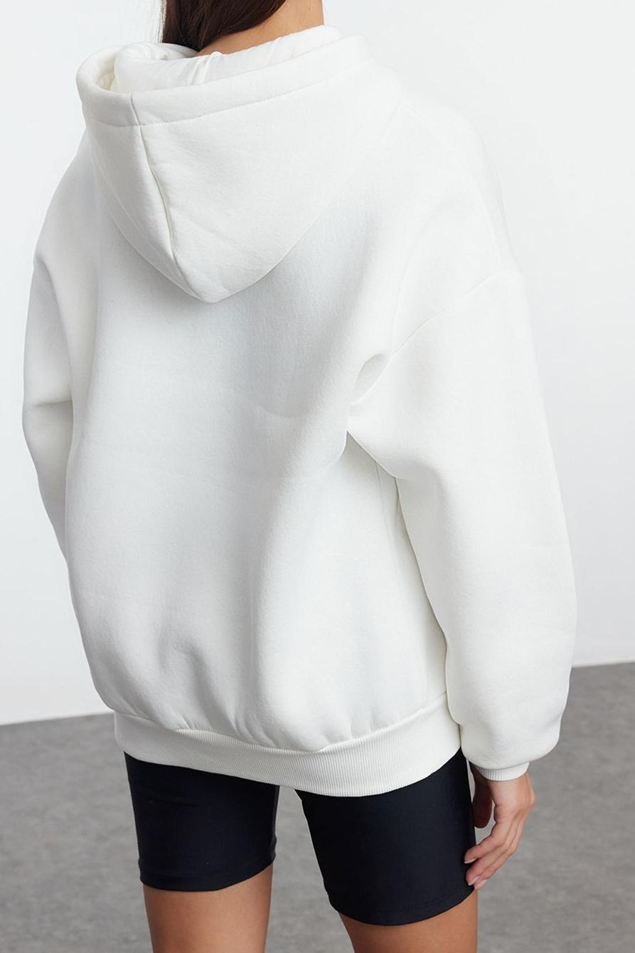 Tarz Bol Kapüşonlu Düşük Kol Uzun Geniş Kalıp Nakışlı Kalın İçi Polarlı Örme Sweatshirt