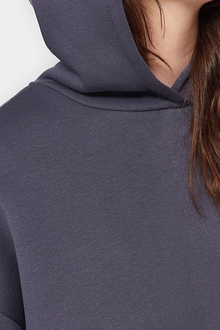 Büyük Beden Relaxed Kapüşonlu Düşük Kol Regular Slogan Detaylı İçi Polar Kalın Örme Sweatshirt