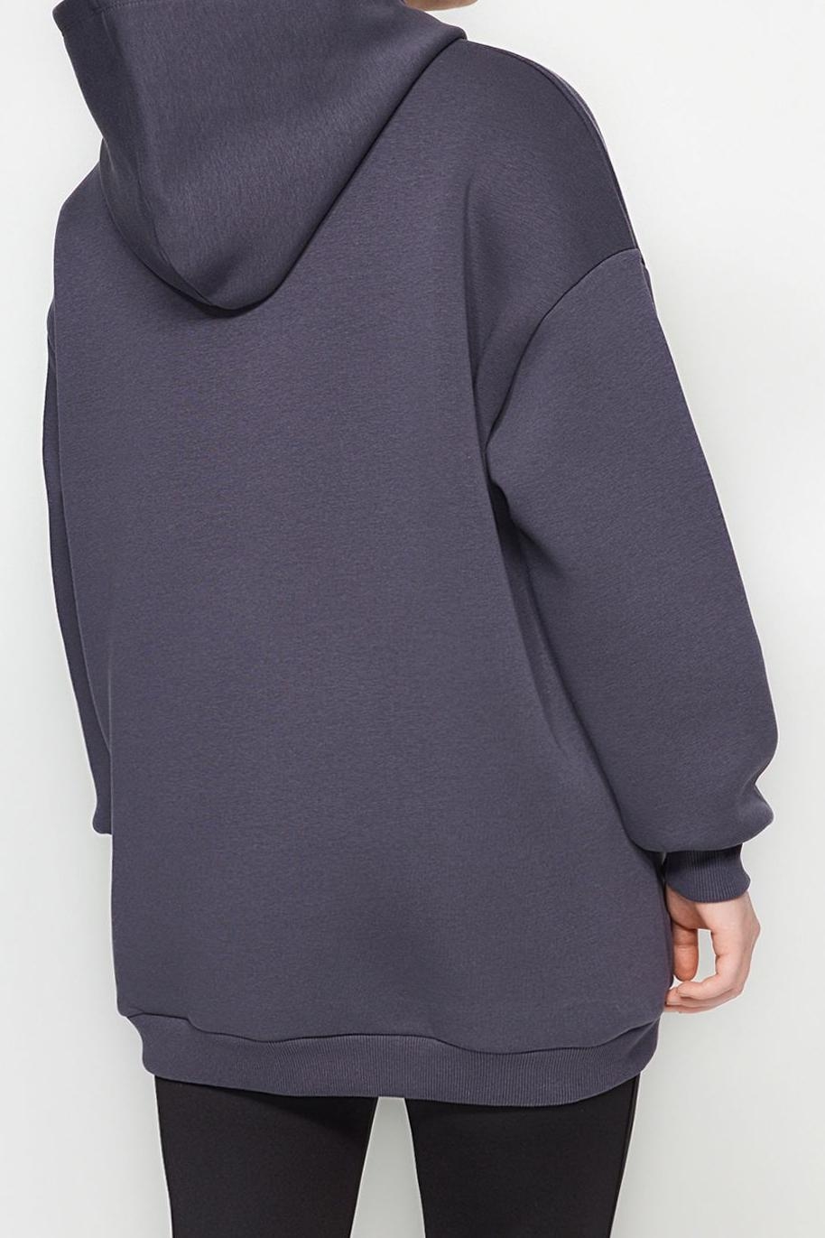 Büyük Beden Relaxed Kapüşonlu Düşük Kol Regular Slogan Detaylı İçi Polar Kalın Örme Sweatshirt