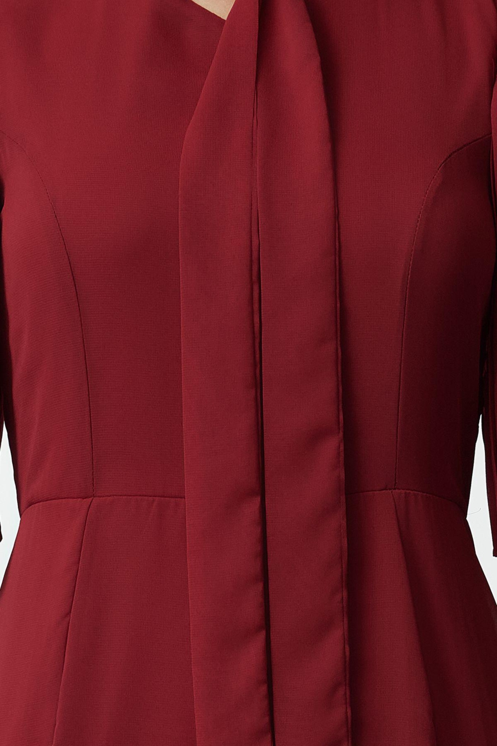 Moda Regular Dik Yaka Midi Boy Pilise Kollu Yakası Bağlamalı Astarlı Şifon Dokuma Kışlık Elbise