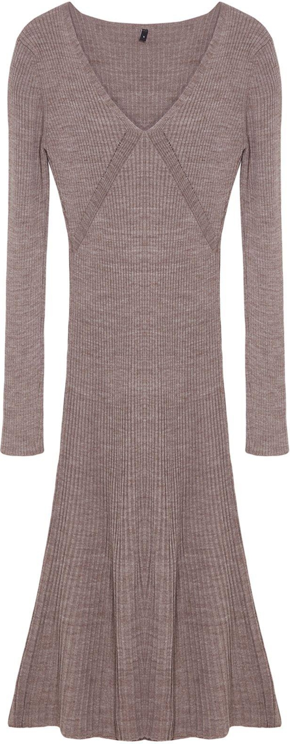 Moda Stil Regular V Yaka Midi Boy Triko Etek Ucu Fırfırlı Elbise