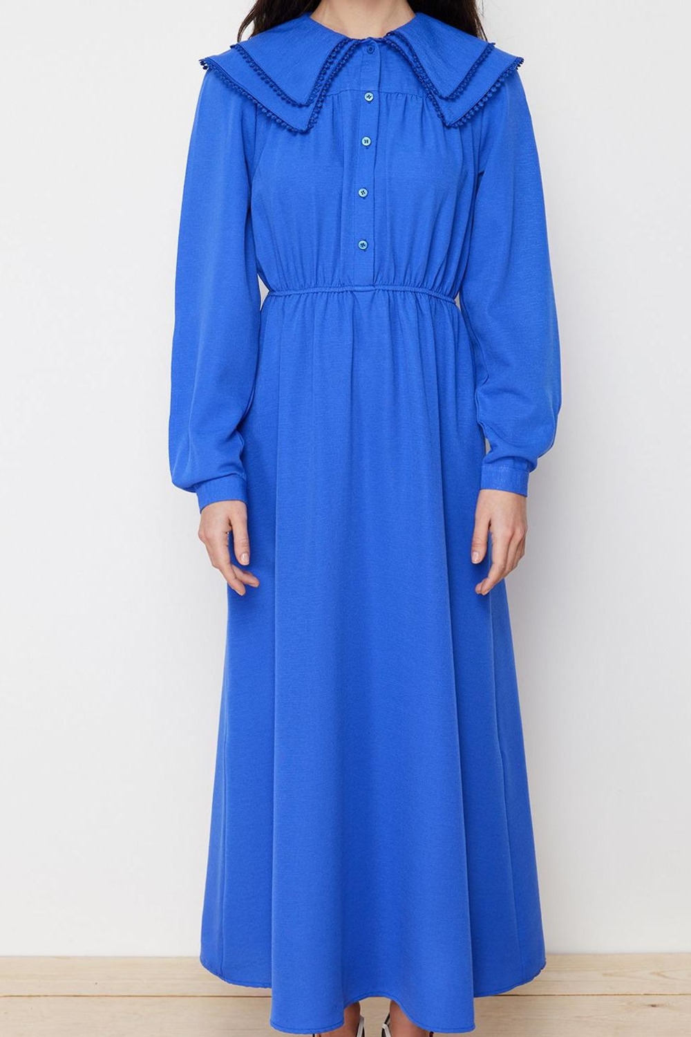 Moda Stil Regular Bebe Yaka Maxi Boy Tesettür lı Keten Görünümlü Dokuma Elbise
