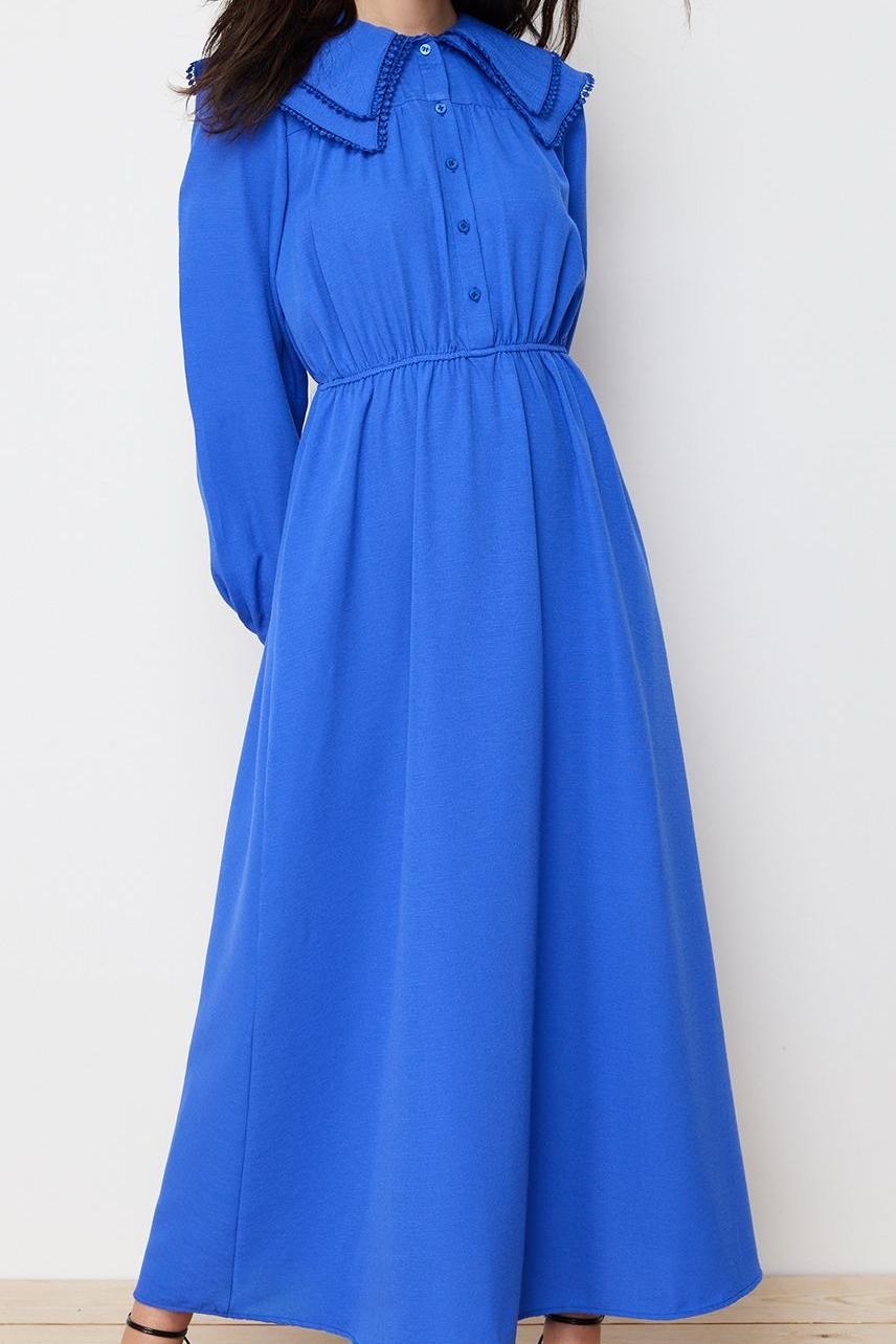 Moda Stil Regular Bebe Yaka Maxi Boy Tesettür lı Keten Görünümlü Dokuma Elbise
