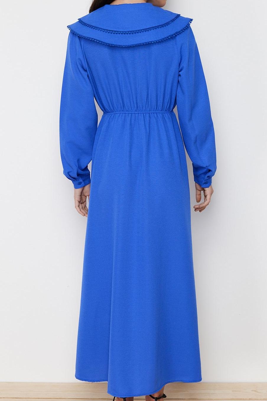 Moda Stil Regular Bebe Yaka Maxi Boy Tesettür lı Keten Görünümlü Dokuma Elbise