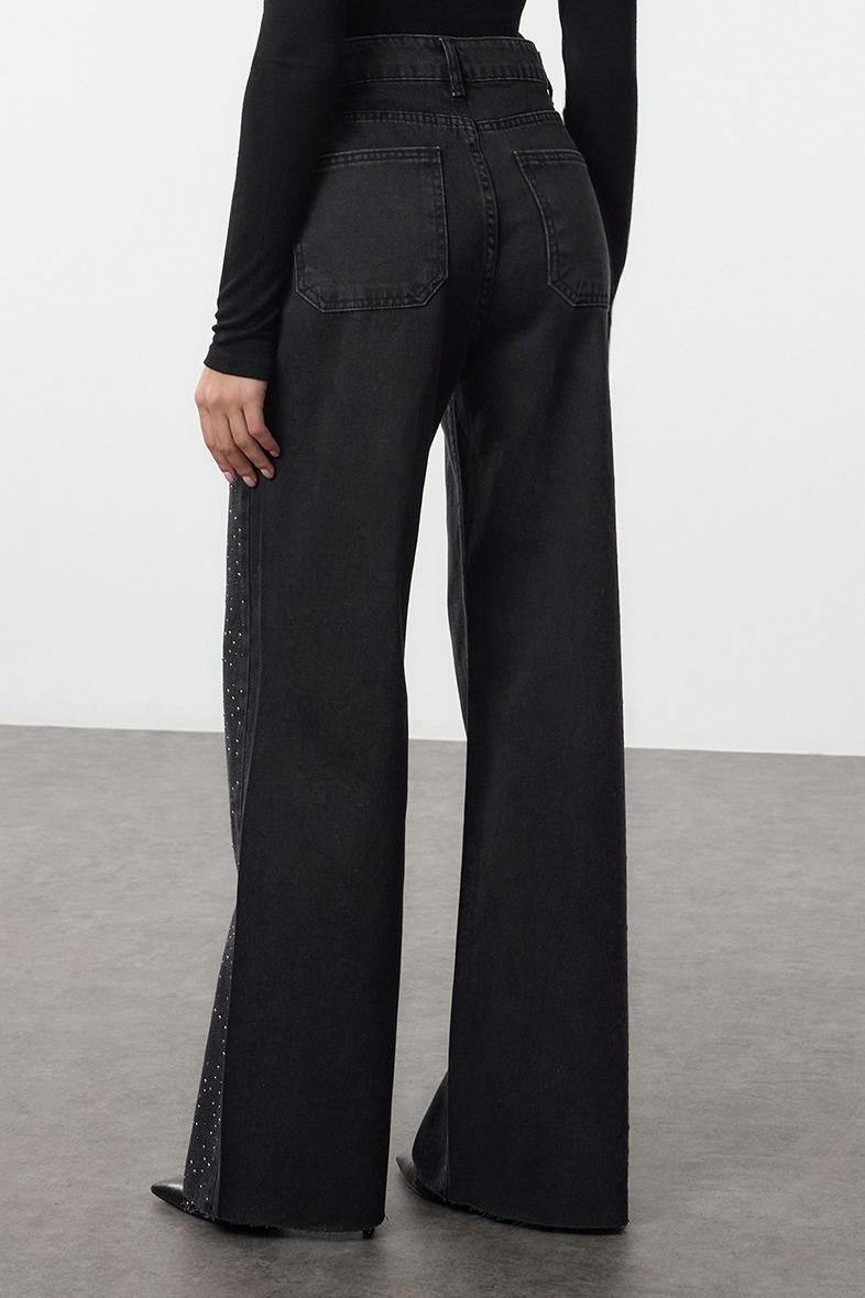 Stil Kadın Moda Denim Kot Pantolon Uzun Geniş Paça Taşlı Yüksek Bel Jeans