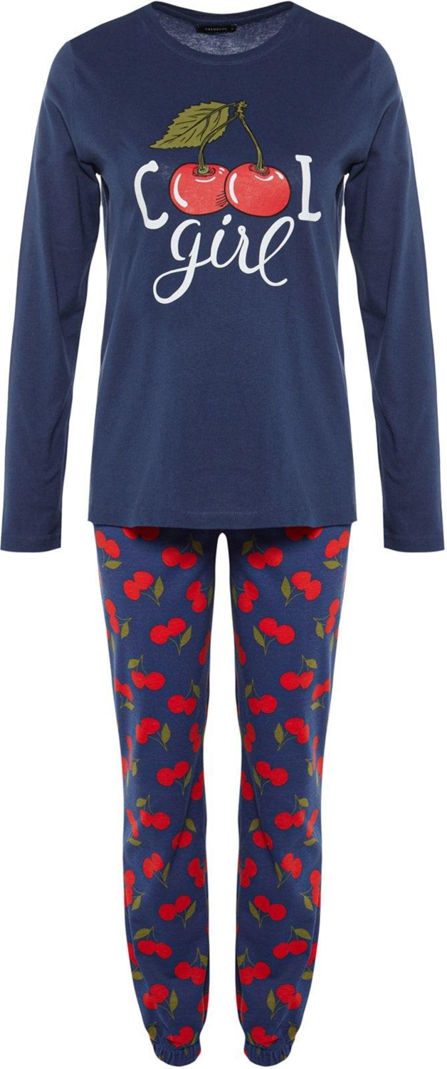 Tarz Rahat Uzun Kollu Boru Paça %100 Pamuklu Kiraz Baskılı Örme Pijama Takımı