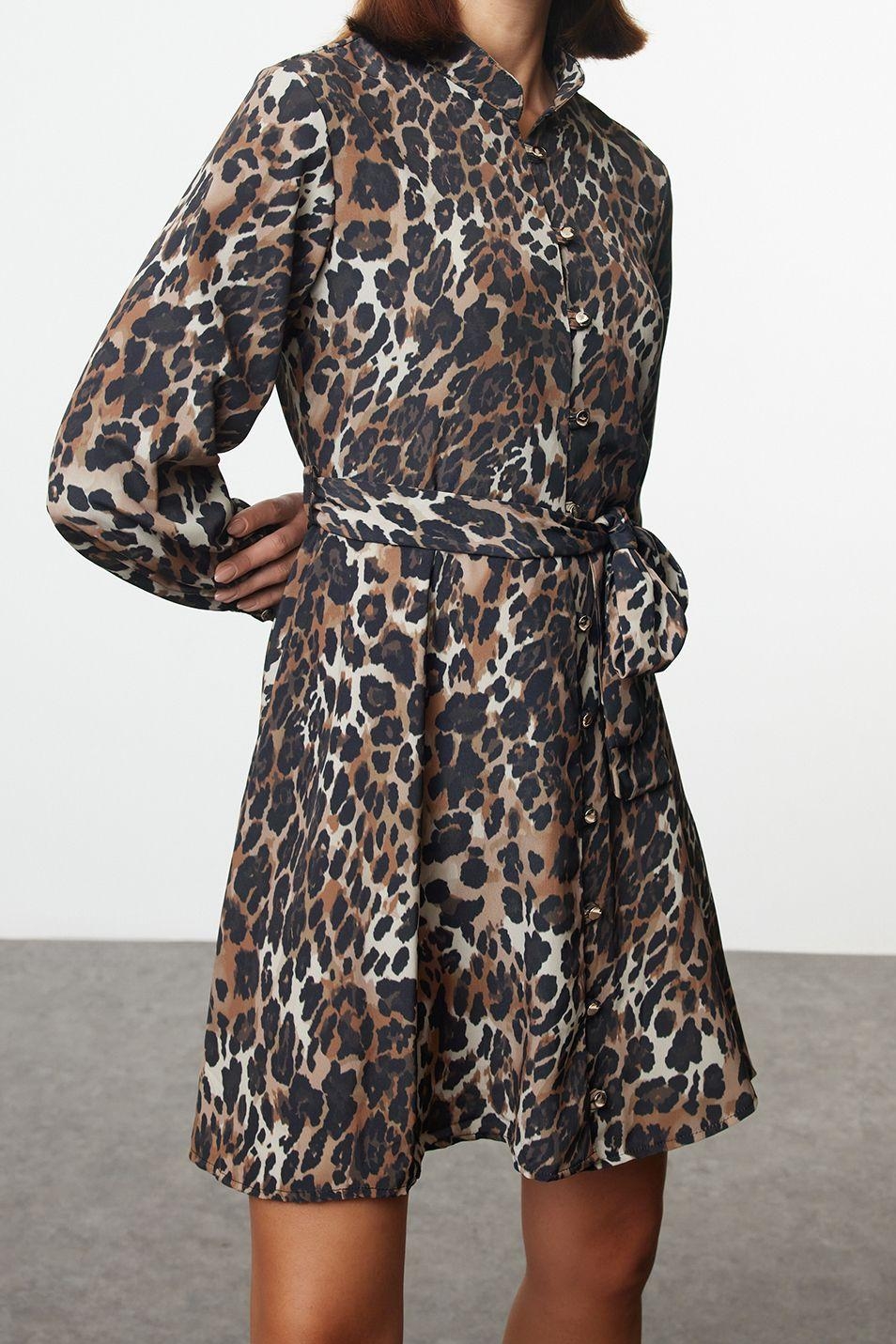 Moda Stil Regular Gömlek Yaka Mini Boy Kuşaklı Leopar Desen Astarlı Dokuma Gömlek Elbise