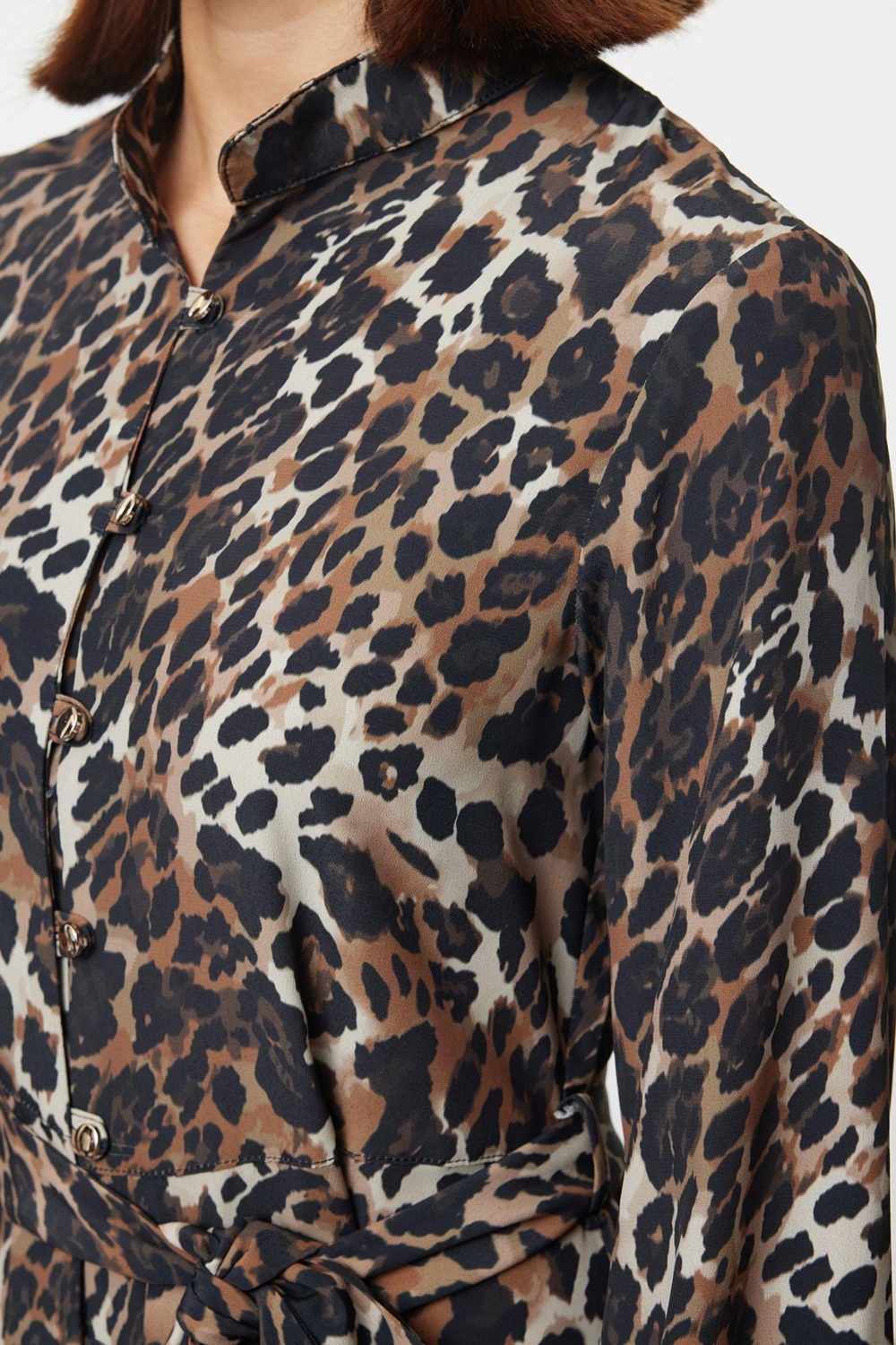 Moda Stil Regular Gömlek Yaka Mini Boy Kuşaklı Leopar Desen Astarlı Dokuma Gömlek Elbise