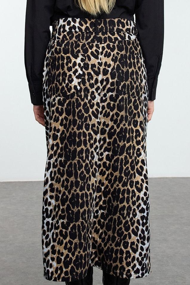 Modern Tarz Astarsız Dokuma Maxi Boy Animal Leopar Desenli Önden Yırtmaçlı Maxi Boy Dokuma Etek