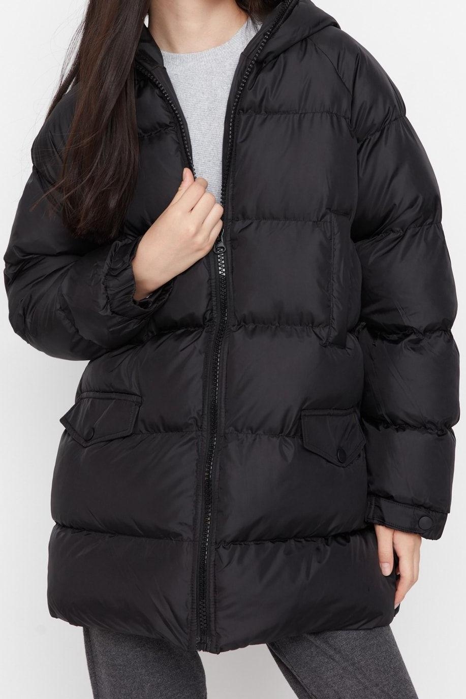 Tasarım Düz Astarlı Yaka Midi Regular Kapüşonlu Kadın Oversize Kapüşonlu Su İtici Şişme Mont