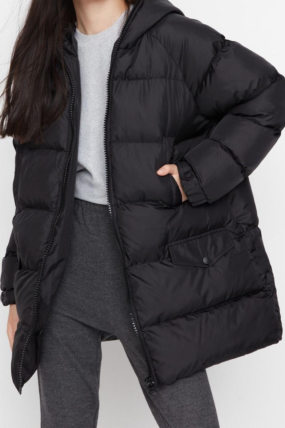 Tasarım Düz Astarlı Yaka Midi Regular Kapüşonlu Kadın Oversize Kapüşonlu Su İtici Şişme Mont