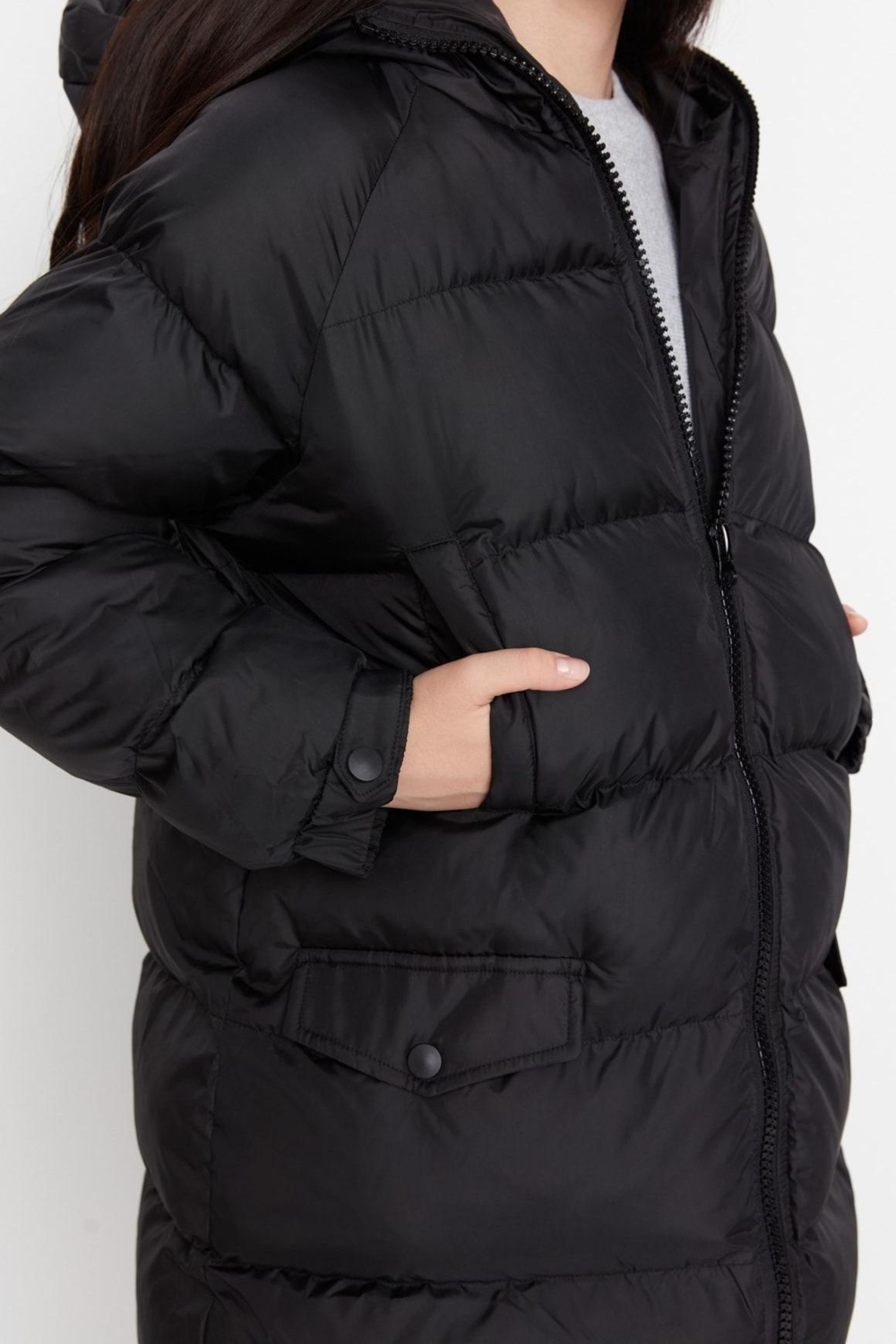 Tasarım Düz Astarlı Yaka Midi Regular Kapüşonlu Kadın Oversize Kapüşonlu Su İtici Şişme Mont