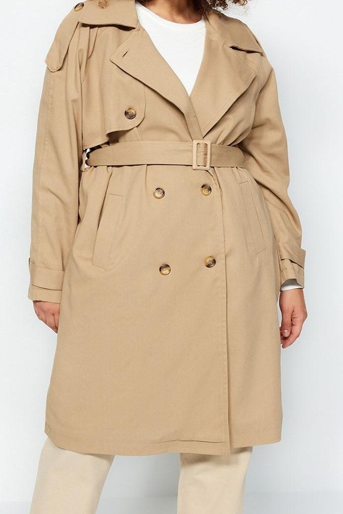 Büyük Beden Tasarım Düz Astarlı Yaka Uzun Oversize Ceket Kadın Beli Kemerli Gabardin Trençkot