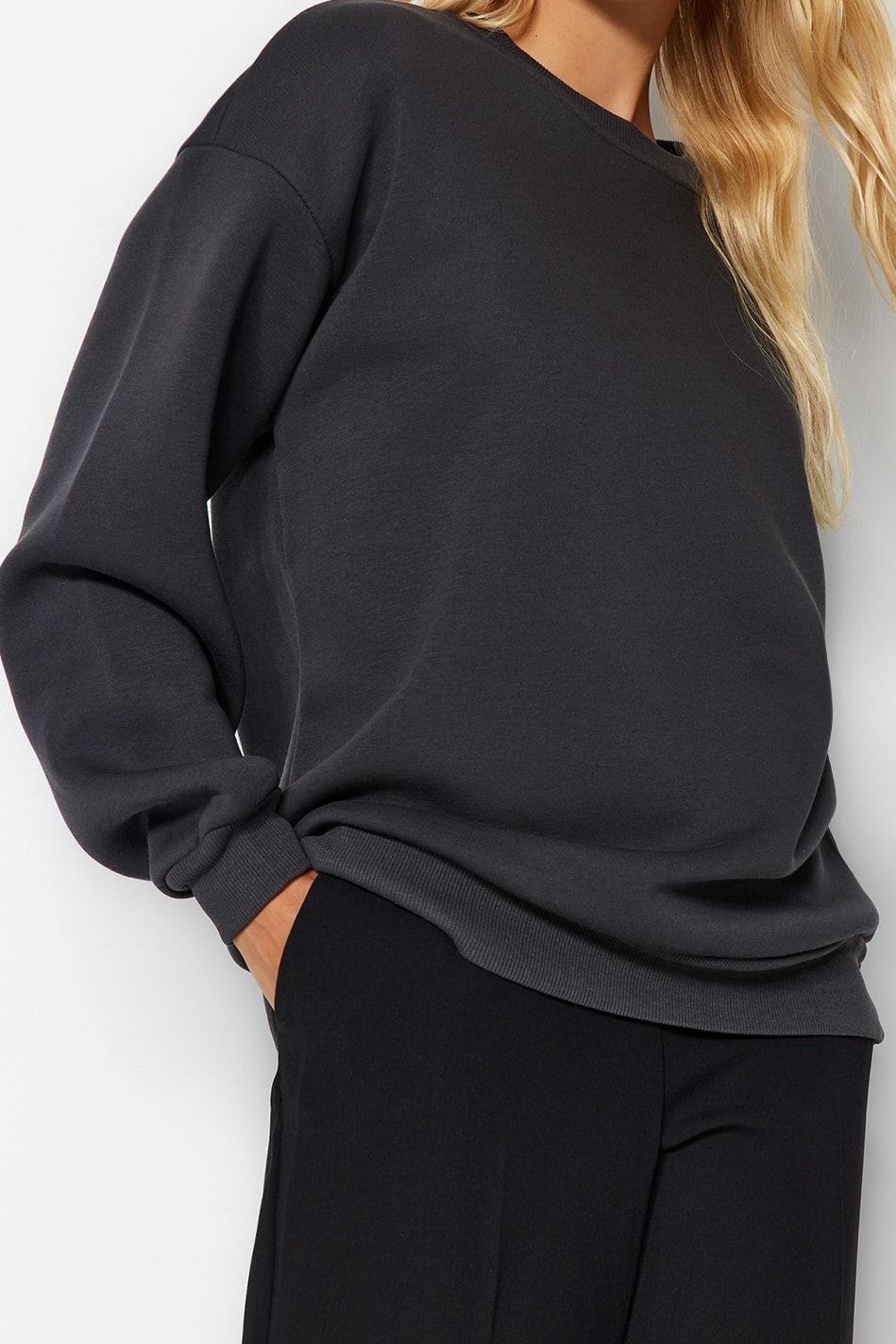 Tarz Oversize Bisiklet Yaka Düşük Kol Uzun Rahat Kesim Basic Kalın İçi polarlı Örme Sweatshirt