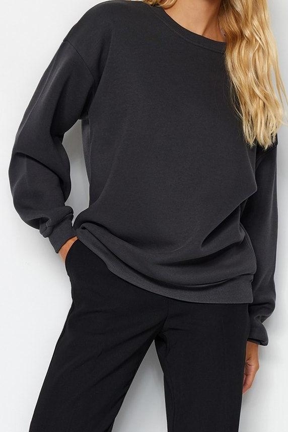 Tarz Oversize Bisiklet Yaka Düşük Kol Uzun Rahat Kesim Basic Kalın İçi polarlı Örme Sweatshirt