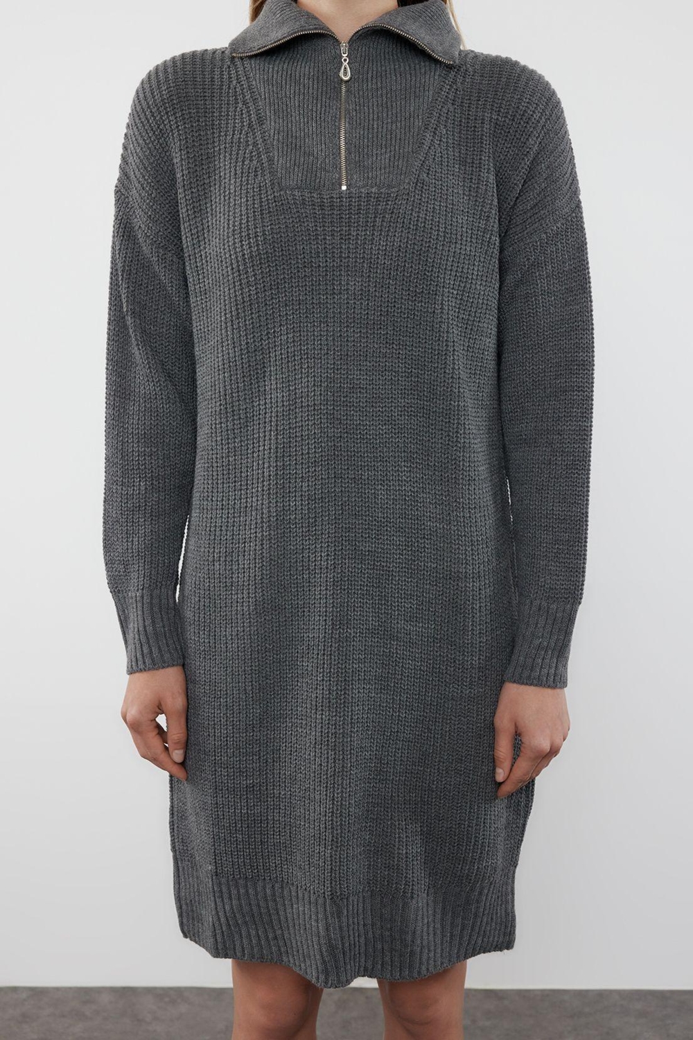 Moda Regular Casual Günlük Tek Plaka Triko Dik Yaka Uzun Kol Kazak Elbise Mini Boy Elbise