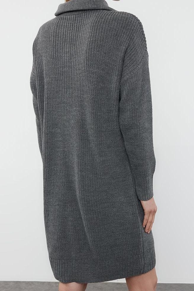 Moda Regular Casual Günlük Tek Plaka Triko Dik Yaka Uzun Kol Kazak Elbise Mini Boy Elbise